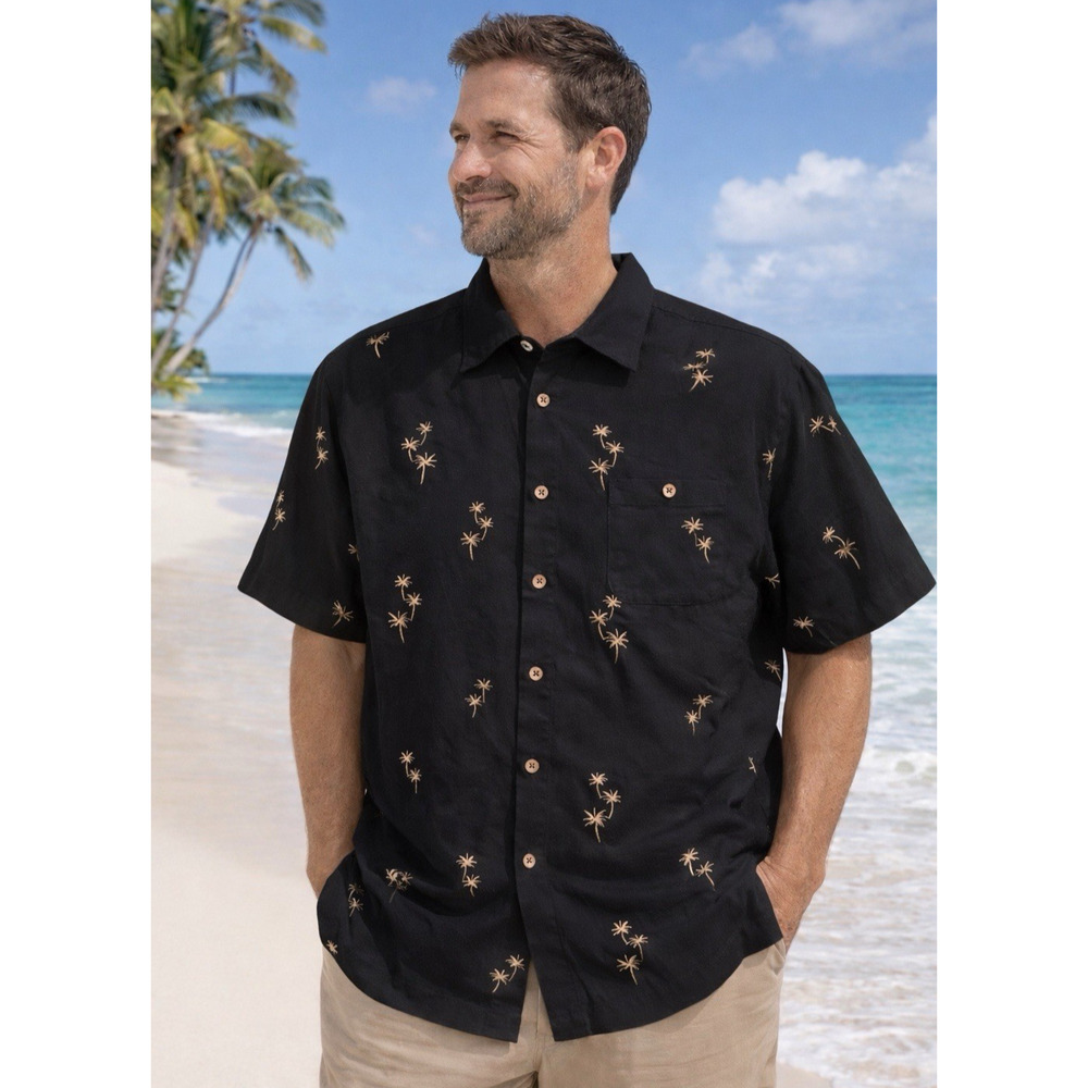 Caribbean Embroidered Palm Tree Button Down – Men’s XL – Black